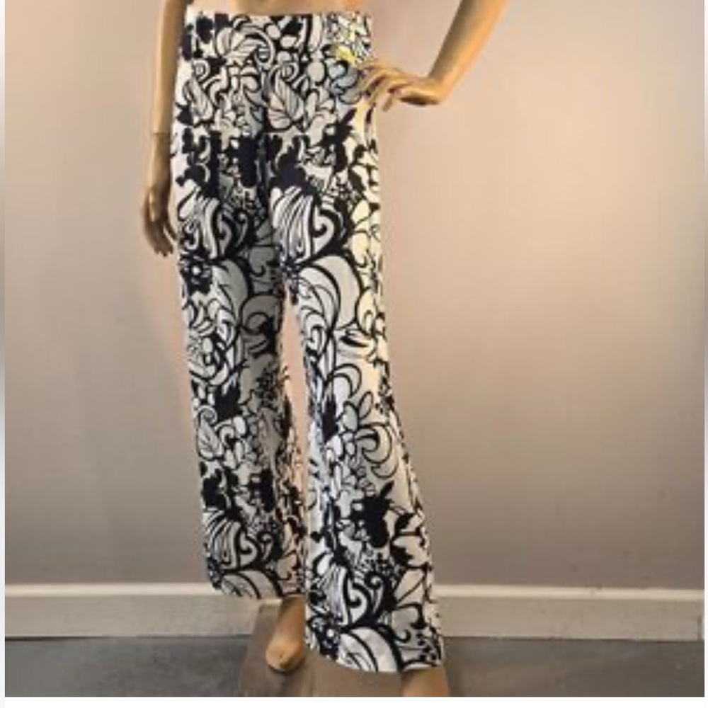 Elie Tahari Black and White Patterned Wide 100% Linen Leg Pants